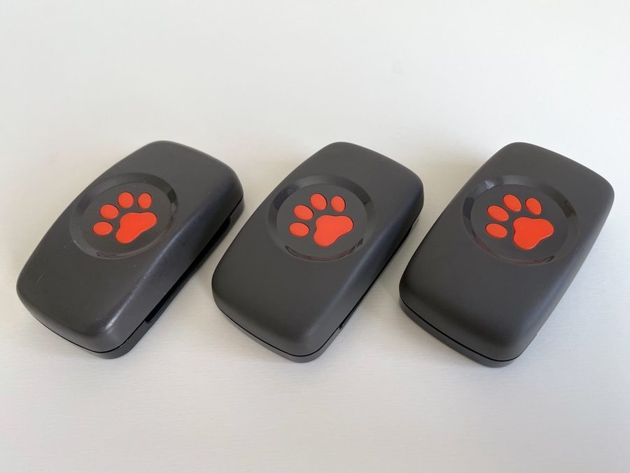 Three PitPat GPS Dog Trackers in a row.
