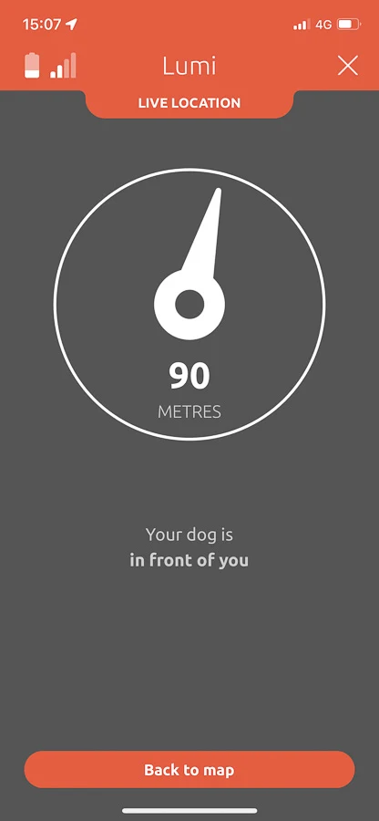 Directional arrow pointing towards location of dog in app