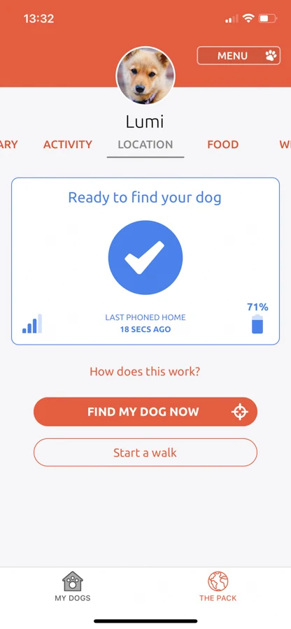 The button to start tracking your dog in app