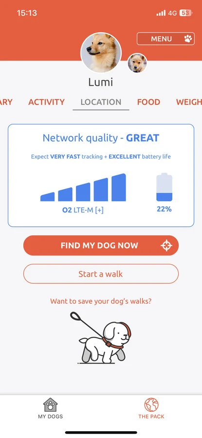 The button to start tracking your dog in app